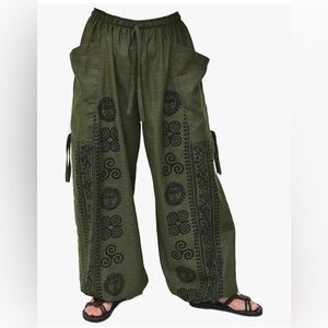 Olive Green Wide Leg Pants with Black Pattern